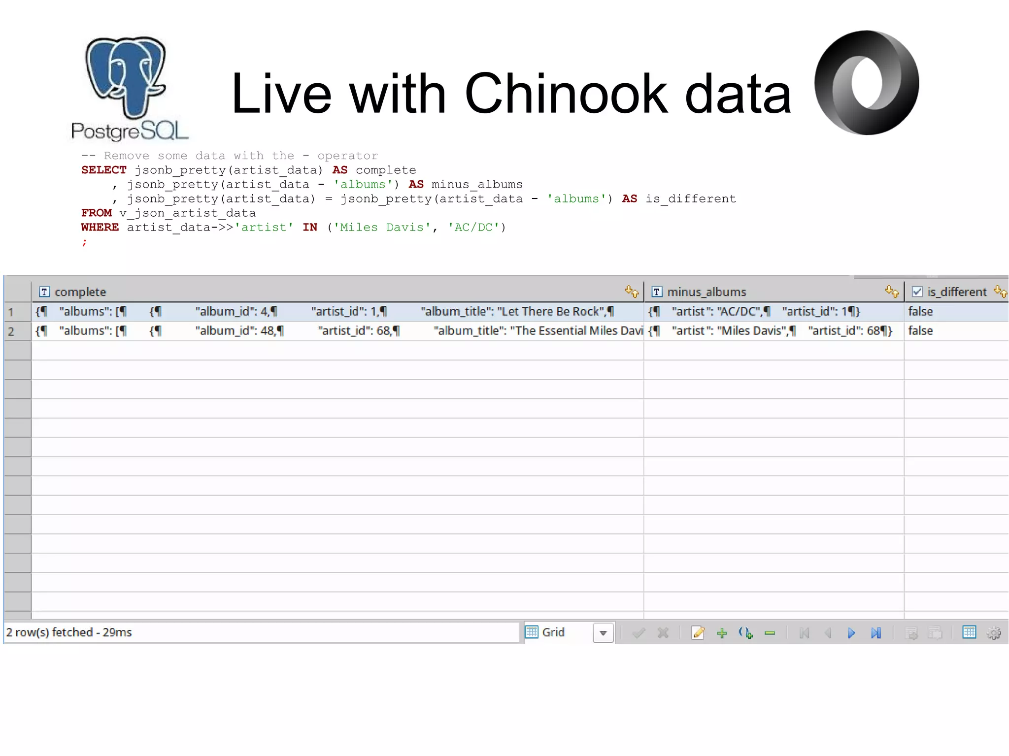 Live with Chinook data
-- Remove some data with the - operator
SELECT jsonb_pretty(artist_data) AS complete
, jsonb_pretty(artist_data - 'albums') AS minus_albums
, jsonb_pretty(artist_data) = jsonb_pretty(artist_data - 'albums') AS is_different
FROM v_json_artist_data
WHERE artist_data->>'artist' IN ('Miles Davis', 'AC/DC')
;
 