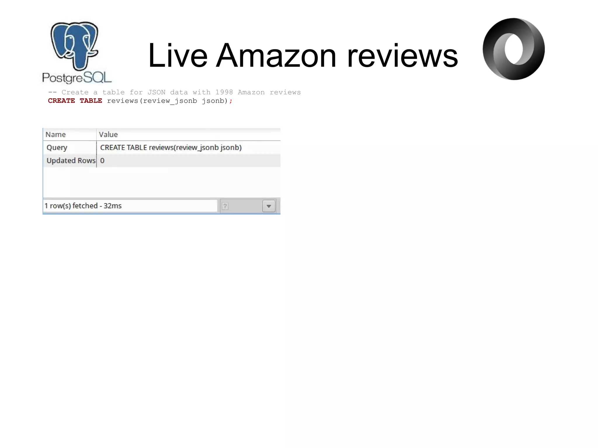 Live Amazon reviews
-- Create a table for JSON data with 1998 Amazon reviews
CREATE TABLE reviews(review_jsonb jsonb);
 