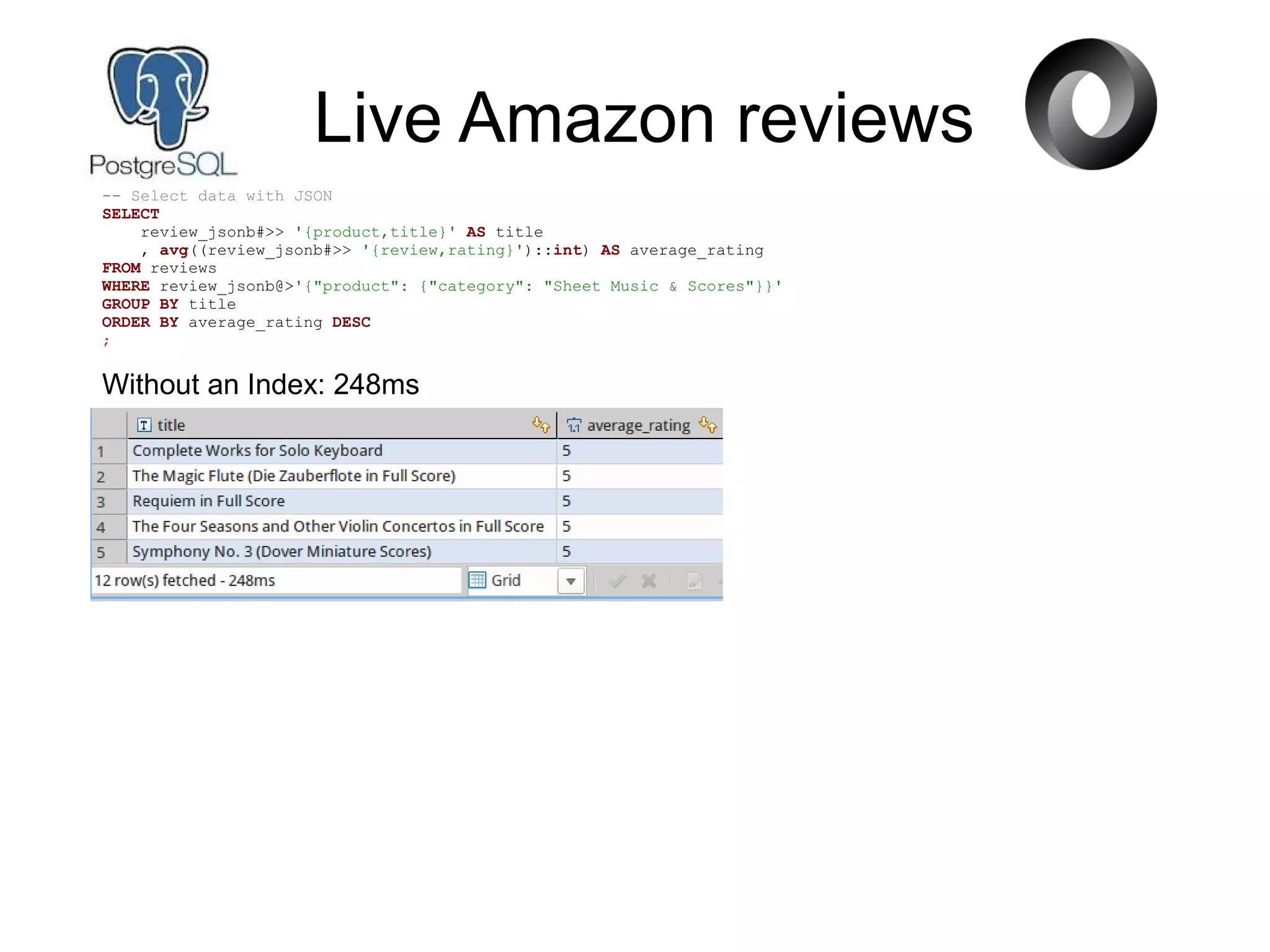 Live Amazon reviews
-- Select data with JSON
SELECT
review_jsonb#>> '{product,title}' AS title
, avg((review_jsonb#>> '{review,rating}')::int) AS average_rating
FROM reviews
WHERE review_jsonb@>'{"product": {"category": "Sheet Music & Scores"}}'
GROUP BY title
ORDER BY average_rating DESC
;
Without an Index: 248ms
 