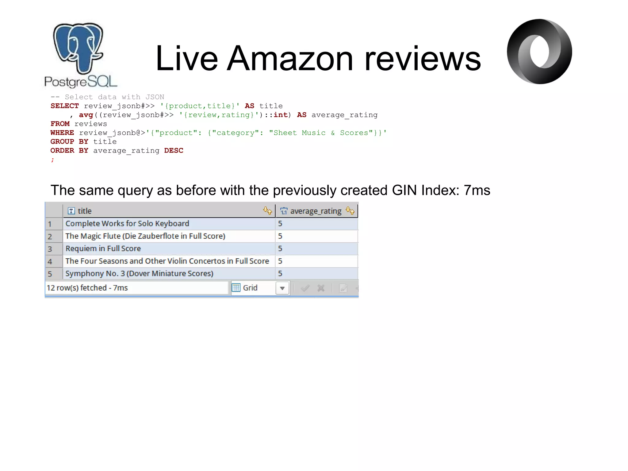 Live Amazon reviews
-- Select data with JSON
SELECT review_jsonb#>> '{product,title}' AS title
, avg((review_jsonb#>> '{review,rating}')::int) AS average_rating
FROM reviews
WHERE review_jsonb@>'{"product": {"category": "Sheet Music & Scores"}}'
GROUP BY title
ORDER BY average_rating DESC
;
The same query as before with the previously created GIN Index: 7ms
 