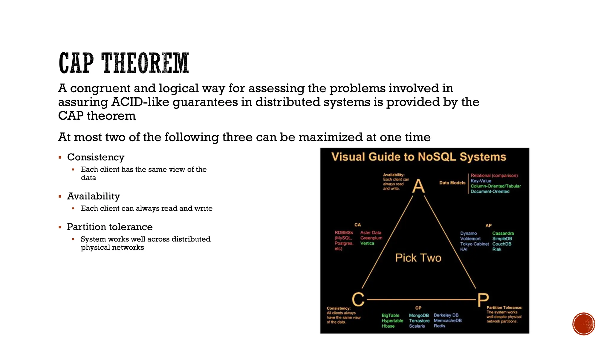 A congruent and logical way for assessing the problems involved in
assuring ACID-like guarantees in distributed systems is provided by the
CAP theorem
At most two of the following three can be maximized at one time
▪ Consistency
▪ Each client has the same view of the
data
▪ Availability
▪ Each client can always read and write
▪ Partition tolerance
▪ System works well across distributed
physical networks
 