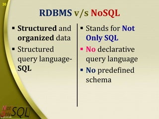 30

RDBMS v/s NoSQL
 Structured and  Stands for Not
organized data
Only SQL
 Structured
 No declarative
query languagequery language
SQL
 No predefined
schema

 
