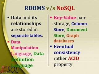 31

RDBMS v/s NoSQL
 Data and its
relationships
are stored in
separate tables.
 Data
Manipulation

Language, Data
Definition
Language

 Key-Value pair
storage, Column
Store, Document
Store, Graph
databases

 Eventual
consistency
rather ACID
property

 