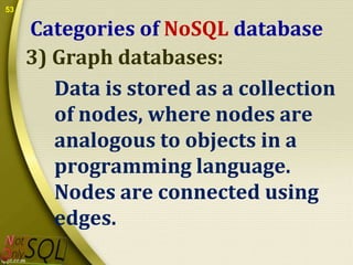 53

Categories of NoSQL database
3) Graph databases:
Data is stored as a collection
of nodes, where nodes are
analogous to objects in a
programming language.
Nodes are connected using
edges.

 