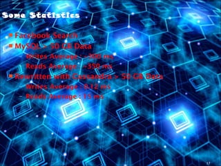17
Some Statistics
 Facebook Search
 MySQL > 50 GB Data
– Writes Average : ~300 ms
– Reads Average : ~350 ms
 Rewritten with Cassandra > 50 GB Data
– Writes Average : 0.12 ms
– Reads Average : 15 ms
 