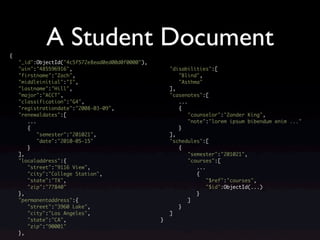 {
             A Student Document
    "_id":ObjectId("4c5f572e8ead0ed00d0f0000"),
    "uin":"485596916",                                "disabilities":[
    "firstname":"Zach",                                  "Blind",
    "middleinitial":"I",                                 "Asthma"
    "lastname":"Hill",                                ],
    "major":"ACCT",                                   "casenotes":[
    "classification":"G4",                               ...
    "registrationdate":"2008-03-09",                     {
    "renewaldates":[                                         "counselor":"Zander King",
       ...                                                   "note":"lorem ipsum bibendum enim ..."
       {                                                 }
           "semester":"201021",                       ],
           "date":"2010-05-15"                        "schedules":[
       }                                                 {
    ],                                                       "semester":"201021",
    "localaddress":{                                         "courses":[
       "street":"9116 View",                                    ...
       "city":"College Station",                                {
       "state":"TX",                                                "$ref":"courses",
       "zip":"77840"                                                "$id":ObjectId(...)
    },                                                          }
    "permanentaddress":{                                     ]
       "street":"3960 Lake",                             }
       "city":"Los Angeles",                          ]
       "state":"CA",                              }
       "zip":"90001"
    },
 
