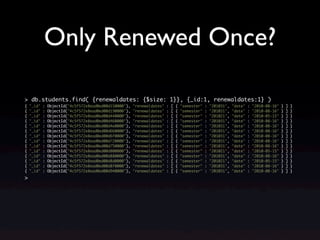 Only Renewed Once?

> db.students.find( {renewaldates: {$size: 1}}, {_id:1, renewaldates:1} )
{   "_id"   :   ObjectId("4c5f572e8ead0ed00d150000"),   "renewaldates"   :   [   {   "semester"   :   "201031",   "date"   :   "2010-08-16"   }   ]   }
{   "_id"   :   ObjectId("4c5f572e8ead0ed00d190000"),   "renewaldates"   :   [   {   "semester"   :   "201031",   "date"   :   "2010-08-16"   }   ]   }
{   "_id"   :   ObjectId("4c5f572e8ead0ed00d440000"),   "renewaldates"   :   [   {   "semester"   :   "201021",   "date"   :   "2010-05-15"   }   ]   }
{   "_id"   :   ObjectId("4c5f572e8ead0ed00d460000"),   "renewaldates"   :   [   {   "semester"   :   "201031",   "date"   :   "2010-08-16"   }   ]   }
{   "_id"   :   ObjectId("4c5f572e8ead0ed00d4e0000"),   "renewaldates"   :   [   {   "semester"   :   "201031",   "date"   :   "2010-08-16"   }   ]   }
{   "_id"   :   ObjectId("4c5f572e8ead0ed00d660000"),   "renewaldates"   :   [   {   "semester"   :   "201031",   "date"   :   "2010-08-16"   }   ]   }
{   "_id"   :   ObjectId("4c5f572e8ead0ed00d6f0000"),   "renewaldates"   :   [   {   "semester"   :   "201031",   "date"   :   "2010-08-16"   }   ]   }
{   "_id"   :   ObjectId("4c5f572e8ead0ed00d720000"),   "renewaldates"   :   [   {   "semester"   :   "201031",   "date"   :   "2010-08-16"   }   ]   }
{   "_id"   :   ObjectId("4c5f572e8ead0ed00d750000"),   "renewaldates"   :   [   {   "semester"   :   "201031",   "date"   :   "2010-08-16"   }   ]   }
{   "_id"   :   ObjectId("4c5f572e8ead0ed00d800000"),   "renewaldates"   :   [   {   "semester"   :   "201021",   "date"   :   "2010-05-15"   }   ]   }
{   "_id"   :   ObjectId("4c5f572e8ead0ed00d880000"),   "renewaldates"   :   [   {   "semester"   :   "201031",   "date"   :   "2010-08-16"   }   ]   }
{   "_id"   :   ObjectId("4c5f572e8ead0ed00d8d0000"),   "renewaldates"   :   [   {   "semester"   :   "201021",   "date"   :   "2010-05-15"   }   ]   }
{   "_id"   :   ObjectId("4c5f572e8ead0ed00d8f0000"),   "renewaldates"   :   [   {   "semester"   :   "201031",   "date"   :   "2010-08-16"   }   ]   }
{   "_id"   :   ObjectId("4c5f572e8ead0ed00d940000"),   "renewaldates"   :   [   {   "semester"   :   "201031",   "date"   :   "2010-08-16"   }   ]   }
>
 
