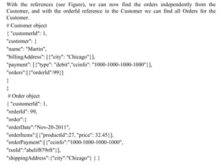 With the references (see Figure), we can now find the orders independently from the
Customer, and with the orderId reference in the Customer we can find all Orders for the
Customer.
# Customer object
{ "customerId": 1,
"customer": {
"name": "Martin",
"billingAddress": [{"city": "Chicago"}],
"payment": [{"type": "debit","ccinfo": "1000-1000-1000-1000"}],
"orders":[{"orderId":99}]
}
}
# Order object
{ "customerId": 1,
"orderId": 99,
"order":{
"orderDate":"Nov-20-2011",
"orderItems":[{"productId":27, "price": 32.45}],
"orderPayment":[{"ccinfo":"1000-1000-1000-1000",
"txnId":"abelif879rft"}],
"shippingAddress":{"city":"Chicago"} } }
 
