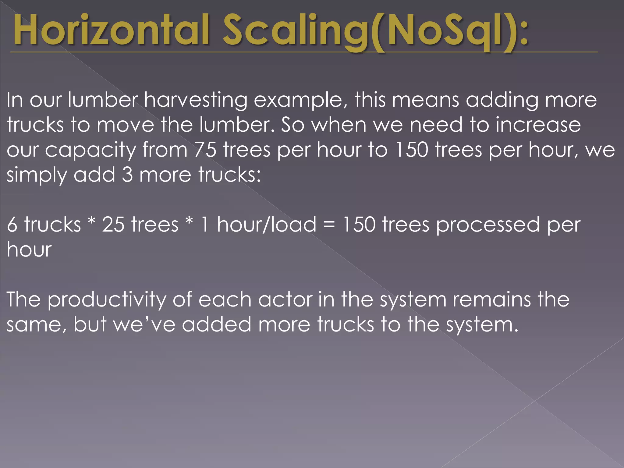 Horizontal Scaling(NoSql):
In our lumber harvesting example, this means adding more
trucks to move the lumber. So when we need to increase
our capacity from 75 trees per hour to 150 trees per hour, we
simply add 3 more trucks:
6 trucks * 25 trees * 1 hour/load = 150 trees processed per
hour
The productivity of each actor in the system remains the
same, but we’ve added more trucks to the system.
 