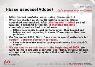 Hbase usecase(Adobe)
•   http://hstack.org/why-were-using-hbase-part-1
•   When we started pushing 40 million records, HBa...