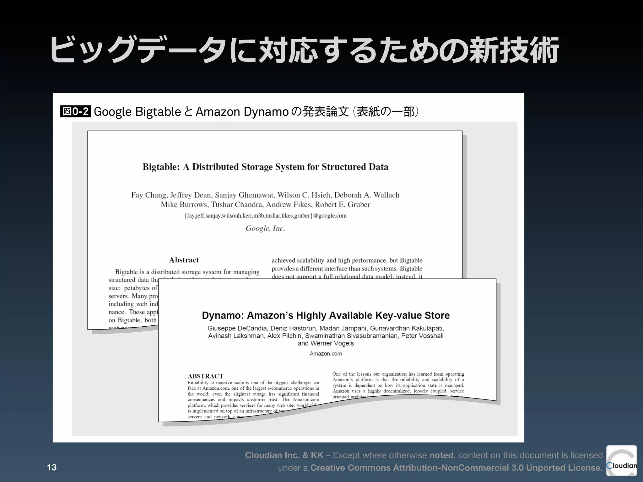 Cloudian Inc. & KK – Except where otherwise noted, content on this document is licensed
under a Creative Commons Attribution-NonCommercial 3.0 Unported License.
ビッグデータに対応するための新技術
 BigtableやDynamoの論文発表が契機となり、ソフトウェアによる大
規模分散技術は俄かに脚光を浴びました。ビッグデータに直面していた
Webサービスのエンジニア達がこれに触発され、BigtableやDynamoの
図0-2 Google BigtableとAmazon Dynamoの発表論文（表紙の一部）
13
 