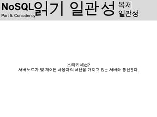 NoSQL            읽기 일관성
Part 5. Consistency
                                        복제
                                        일관성




                        스티키 세션?
         서버 노드가 몇 개이든 사용자의 세션을 가지고 있는 서버와 통신한다.
 