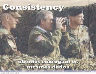 Consistency




                                 clientes enxergam os
                                     mesmos dados
quinta-feira, 2 de setembro de 2010
 