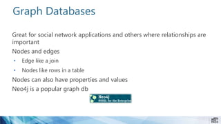 Graph Databases
Great for social network applications and others where relationships are
important
Nodes and edges
• Edge like a join
• Nodes like rows in a table
Nodes can also have properties and values
Neo4j is a popular graph db
 