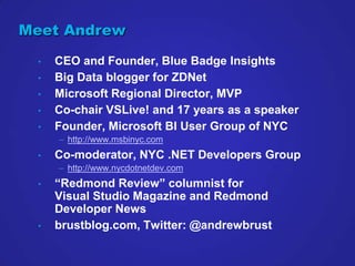 Meet Andrew

 •   CEO and Founder, Blue Badge Insights
 •   Big Data blogger for ZDNet
 •   Microsoft Regional Director, M...