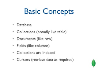Basic Concepts
✴   Database
✴   Collections (broadly like table)
✴   Documents (like row)
✴   Fields (like columns)
✴   Collections are indexed
✴   Cursors (retrieve data as required)
 