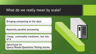 What do we really mean by scale?
Bringing computing to the data
Massively parallel processing
Cheap, commodity hardware, but lots
of it
Optimized for
Query/Reads/Questions/Telling stories
Aug 2014©InfoAdvisors - infoadvisors.com
 