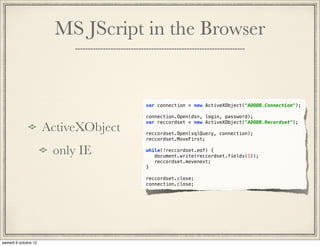 MS JScript in the Browser


                var connection = new ActiveXObject("ADODB.Connection");
                  
                connection.Open(dsn, login, password);

ActiveXObject
                var reccordset = new ActiveXObject("ADODB.Recordset");
                 
                reccordset.Open(sqlQuery, connection);
                reccordset.MoveFirst;

 only IE        while(!reccordset.eof) {
                   document.write(reccordset.fields(1));
                   reccordset.movenext;
                }
                 
                reccordset.close;
                connection.close;
 