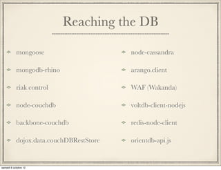 Reaching the DB

mongoose                      arango.client

mongodb-rhino                 WAF (Wakanda)

riak control                  Ext.data.proxy.Wakanda

backbone-couchdb              voltdb-client-nodejs

dojox.data.couchDBRestStore   redis-node-client

node-cassandra                orientdb-api.js
 