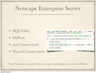 Netscape Enterprise Server


   SQLTable()                      pool = new DbPool("ORACLE", addr, user, pwd, "", 5, true);
                                   connection = pool.connection("A connection");

                                   cursor = connection.cursor("select name from customer");
   DbPool                          if ( cursor && (connection.majorErrorCode() == 0) ) {
                                      // Get the first row
                                      cursor.next();

   start/home.html
                                      // Display the values
                                      write("<B>Customer Name:</B> " + cursor.name + "<BR>");
                                      //Close the cursor
                                      cursor.close();
                                   }

   Shared Connections


Note: Netscape Enterprise Server merged with Javagator to become iPlanet
 