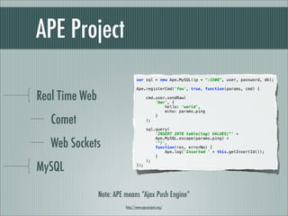APE Project
                                 var sql = new Ape.MySQL(ip + ":3306", user, password, db);

                                 Ape.registerCmd('foo', true, function(params, cmd) {

Real Time Web                           cmd.user.sendRaw(
                                            'bar', {
                                                hello: 'world',
                                                echo: params.ping

   Comet
                                            }
                                        );

                                        sql.query(
                                            'INSERT INTO table(log) VALUES("' +


   Web Sockets
                                            Ape.MySQL.escape(params.ping) +
                                            '")',
                                            function(res, errorNo) {
                                                Ape.log('Inserted ' + this.getInsertId());
                                            }


MySQL
                                        );
                                 });




                Note: APE means “Ajax Push Engine”
                          http://www.ape-project.org/
 