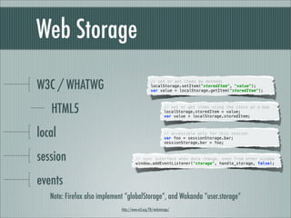 Web Storage

W3C / WHATWG                                      // set or get items by methods
                                                  localStorage.setItem("storedItem", "value");
                                                  var value = localStorage.getItem("storedItem");




    HTML5                                                  // set or get items using the store as a map
                                                           localStorage.storedItem = value;
                                                           var value = localStorage.storedItem;



local                                                      // accessible only for this session
                                                           var foo = sessionStorage.bar;
                                                           sessionStorage.bar = foo;



session                                 // sync interface when data change, even from other window
                                        window.addEventListener("storage", handle_storage, false);




events
Note: Firefox used to propose “globalStorage”, Wakanda implements “user.storage”
                               http://www.w3.org/TR/webstorage/
 