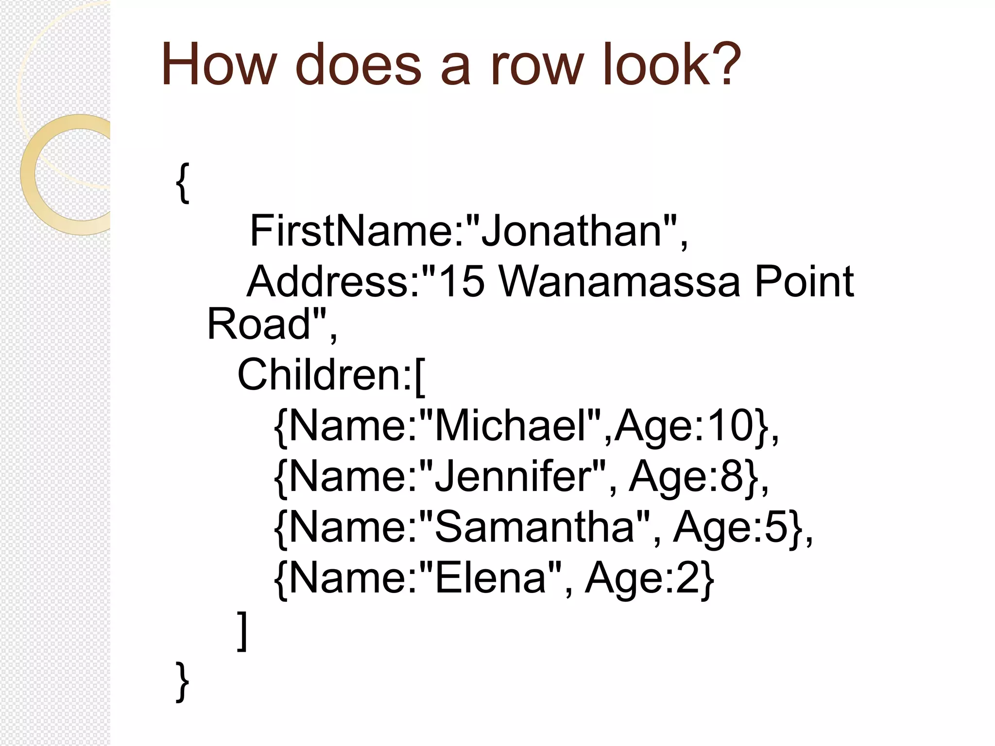 How does a row look?
{
FirstName:"Jonathan",
Address:"15 Wanamassa Point
Road",
Children:[
{Name:"Michael",Age:10},
{Name:"Jennifer", Age:8},
{Name:"Samantha", Age:5},
{Name:"Elena", Age:2}
]
}
 