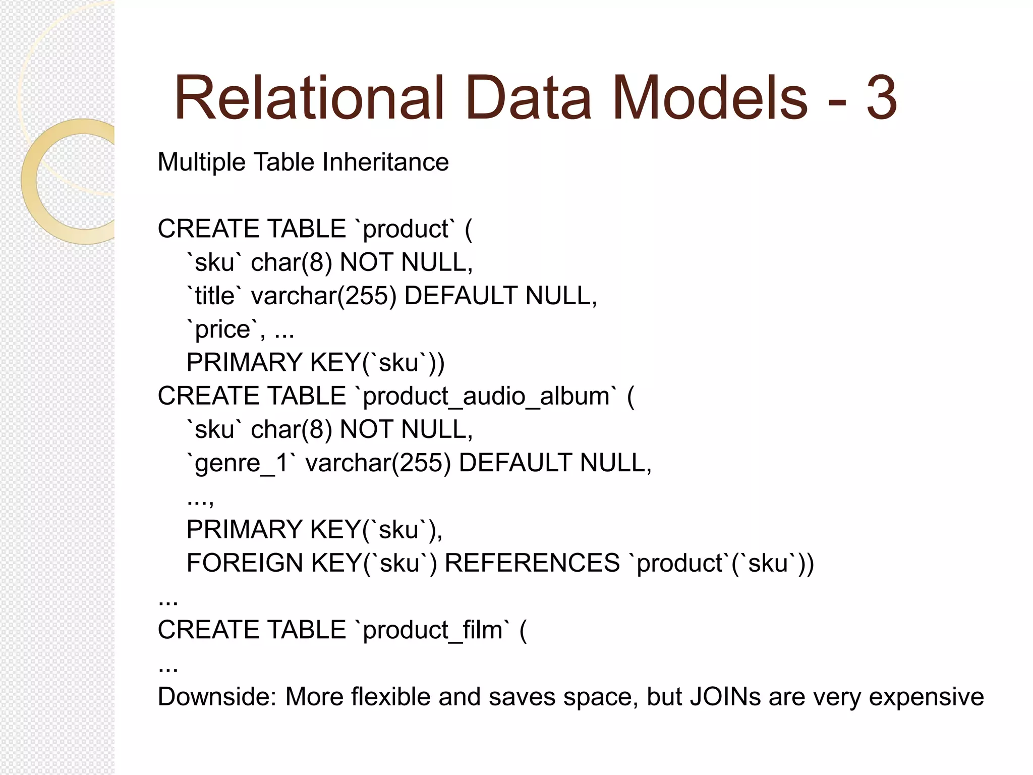 Relational Data Models - 3
Multiple Table Inheritance
CREATE TABLE `product` (
`sku` char(8) NOT NULL,
`title` varchar(255) DEFAULT NULL,
`price`, ...
PRIMARY KEY(`sku`))
CREATE TABLE `product_audio_album` (
`sku` char(8) NOT NULL,
`genre_1` varchar(255) DEFAULT NULL,
...,
PRIMARY KEY(`sku`),
FOREIGN KEY(`sku`) REFERENCES `product`(`sku`))
...
CREATE TABLE `product_film` (
...
Downside: More flexible and saves space, but JOINs are very expensive
 