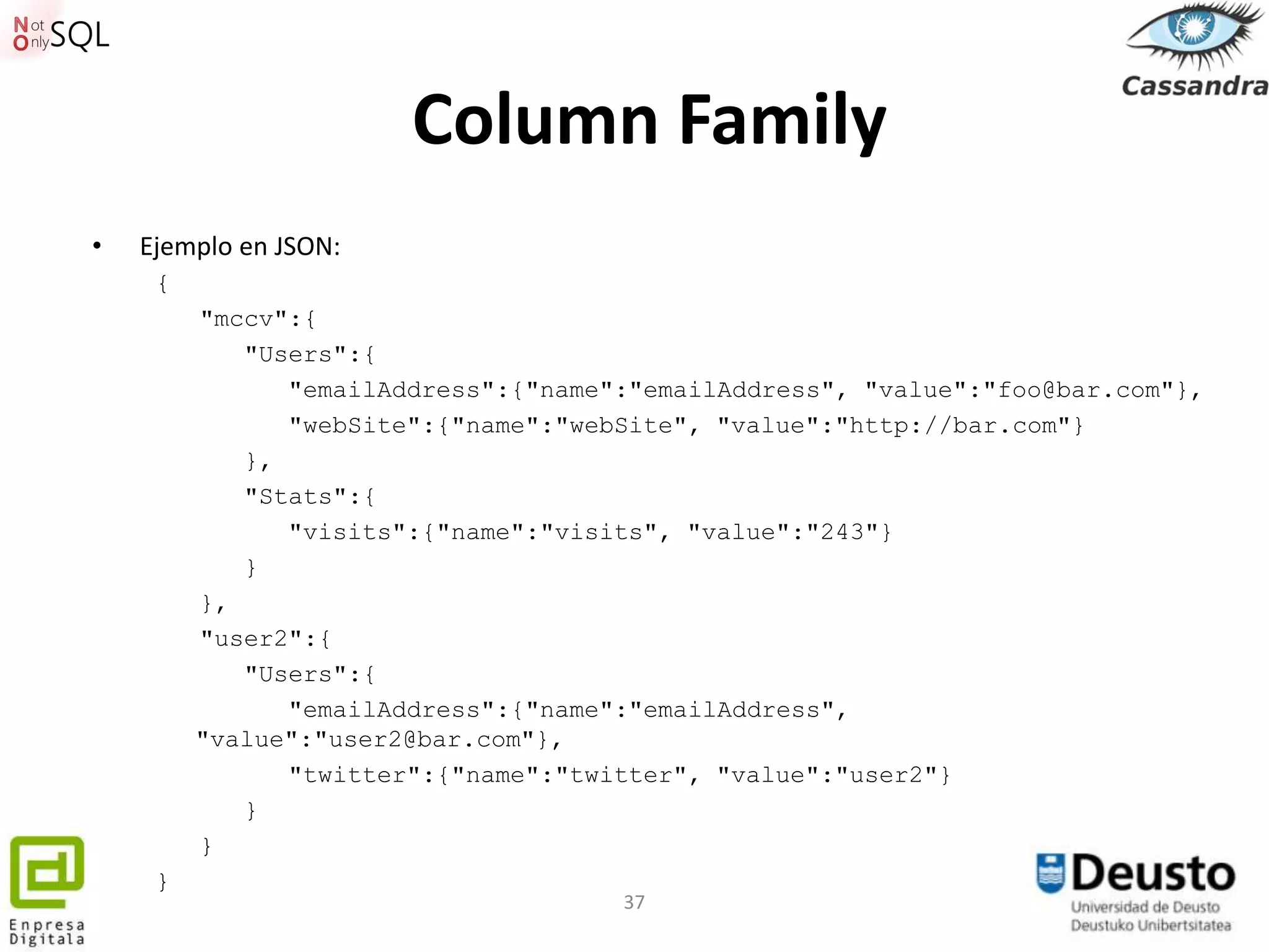 Column Family
•   Ejemplo en JSON:
     {
         "mccv":{
            "Users":{
               "emailAddress":{"name":"emailAddress", "value":"foo@bar.com"},
               "webSite":{"name":"webSite", "value":"http://bar.com"}
            },
            "Stats":{
               "visits":{"name":"visits", "value":"243"}
            }
         },
         "user2":{
            "Users":{
               "emailAddress":{"name":"emailAddress",
         "value":"user2@bar.com"},
               "twitter":{"name":"twitter", "value":"user2"}
            }
         }
     }
                                     37
 