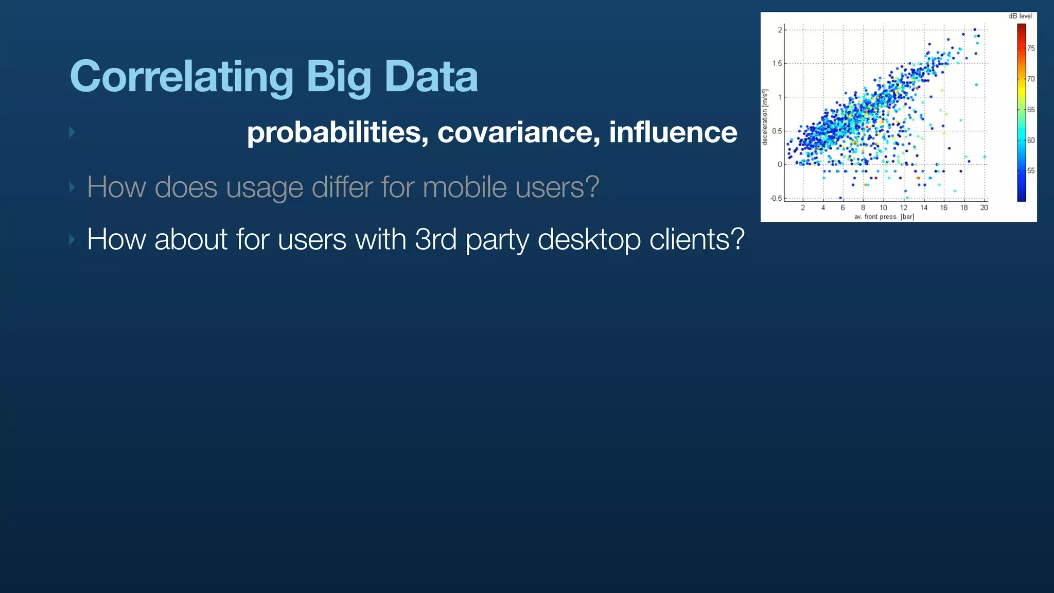 Correlating Big Data
‣               probabilities, covariance, influence
‣   How does usage differ for mobile users?
‣   How about for users with 3rd party desktop clients?
 