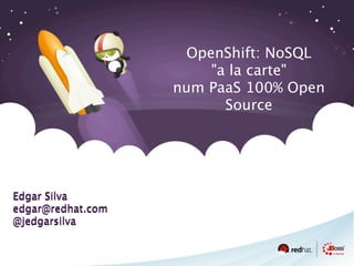 OpenShift: NoSQL
                       "a la carte"
                   num PaaS 100% Open
                         Source




Edgar Silva
edgar@redhat.com
@jedgarsilva
 