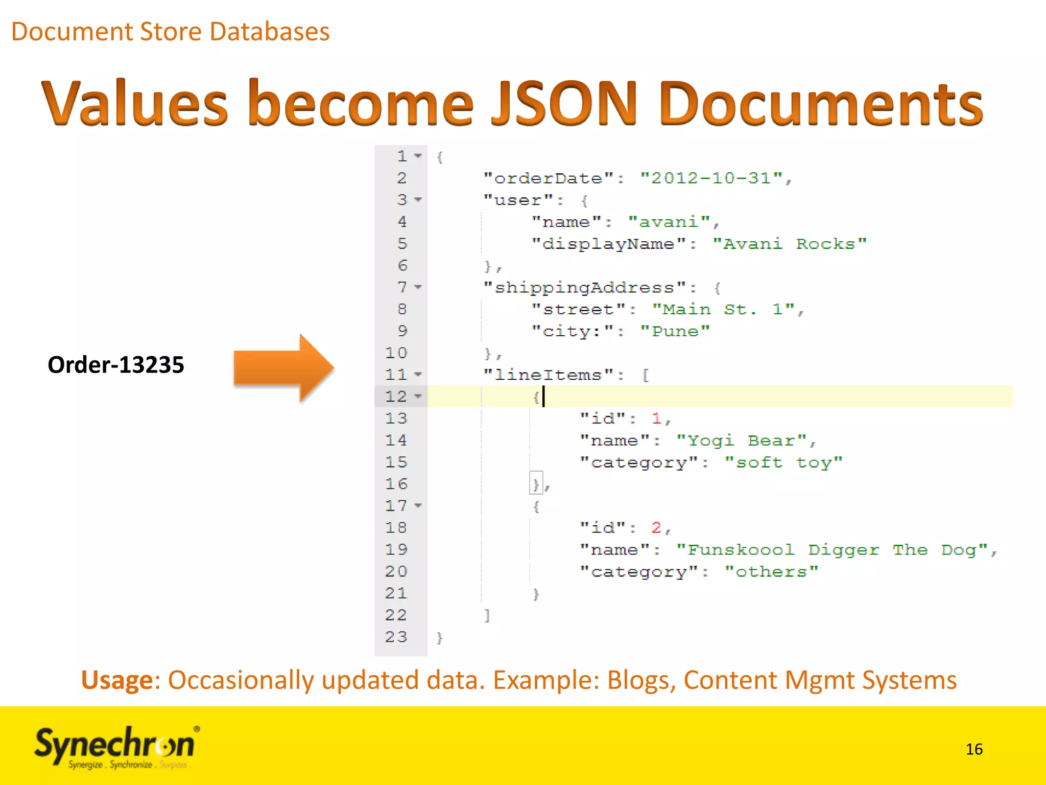 Document Store Databases

Order-13235

Usage: Occasionally updated data. Example: Blogs, Content Mgmt Systems
16

 