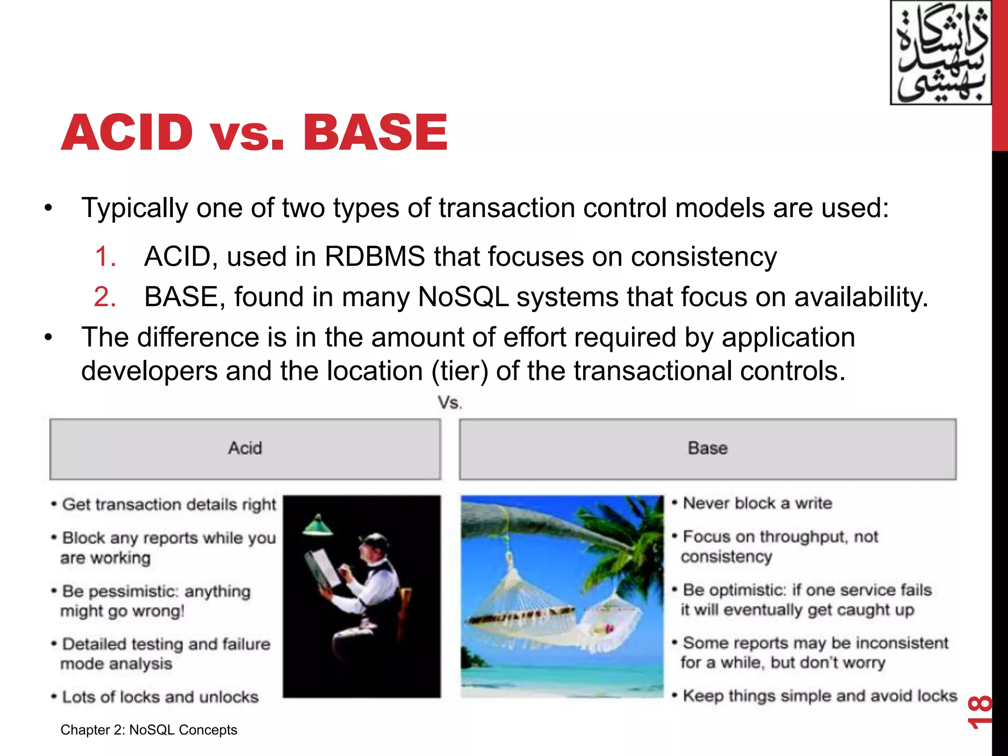 ACID vs. BASE
• Typically one of two types of transaction control models are used:
1. ACID, used in RDBMS that focuses on consistency
2. BASE, found in many NoSQL systems that focus on availability.
• The difference is in the amount of effort required by application
developers and the location (tier) of the transactional controls.
18
Chapter 2: NoSQL Concepts
 