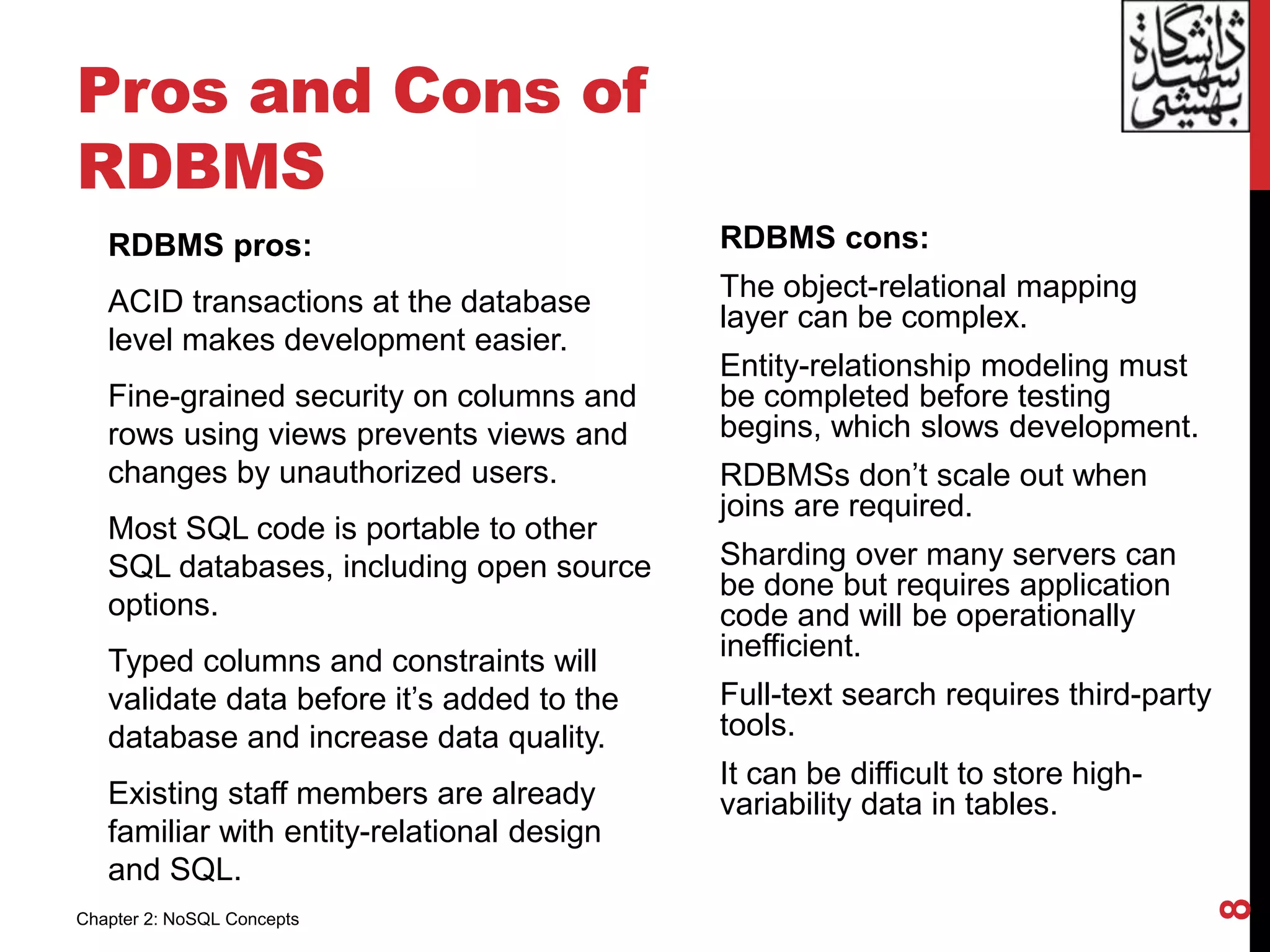Pros and Cons of
RDBMS
RDBMS pros:
ACID transactions at the database
level makes development easier.
Fine-grained security on columns and
rows using views prevents views and
changes by unauthorized users.
Most SQL code is portable to other
SQL databases, including open source
options.
Typed columns and constraints will
validate data before it’s added to the
database and increase data quality.
Existing staff members are already
familiar with entity-relational design
and SQL.
RDBMS cons:
The object-relational mapping
layer can be complex.
Entity-relationship modeling must
be completed before testing
begins, which slows development.
RDBMSs don’t scale out when
joins are required.
Sharding over many servers can
be done but requires application
code and will be operationally
inefficient.
Full-text search requires third-party
tools.
It can be difficult to store high-
variability data in tables.
8
Chapter 2: NoSQL Concepts
 