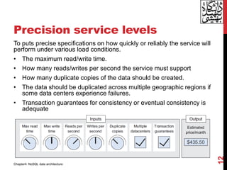 Precision service levels
To puts precise specifications on how quickly or reliably the service will
perform under various load conditions.
• The maximum read/write time.
• How many reads/writes per second the service must support
• How many duplicate copies of the data should be created.
• The data should be duplicated across multiple geographic regions if
some data centers experience failures.
• Transaction guarantees for consistency or eventual consistency is
adequate
12
Chapter4: NoSQL data architecture
 