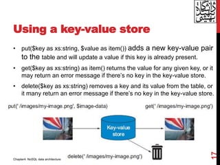 Using a key-value store
17
• put($key as xs:string, $value as item()) adds a new key-value pair
to the table and will update a value if this key is already present.
• get($key as xs:string) as item() returns the value for any given key, or it
may return an error message if there’s no key in the key-value store.
• delete($key as xs:string) removes a key and its value from the table, or
it many return an error message if there’s no key in the key-value store.
Chapter4: NoSQL data architecture
 
