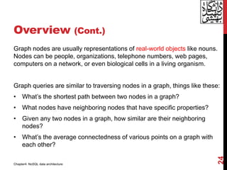 Overview (Cont.)
Graph nodes are usually representations of real-world objects like nouns.
Nodes can be people, organizations, telephone numbers, web pages,
computers on a network, or even biological cells in a living organism.
Graph queries are similar to traversing nodes in a graph, things like these:
• What’s the shortest path between two nodes in a graph?
• What nodes have neighboring nodes that have specific properties?
• Given any two nodes in a graph, how similar are their neighboring
nodes?
• What’s the average connectedness of various points on a graph with
each other?
24
Chapter4: NoSQL data architecture
 