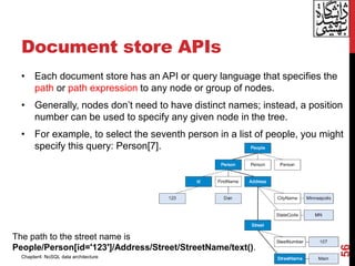 Document store APIs
• Each document store has an API or query language that specifies the
path or path expression to any node or group of nodes.
• Generally, nodes don’t need to have distinct names; instead, a position
number can be used to specify any given node in the tree.
• For example, to select the seventh person in a list of people, you might
specify this query: Person[7].
56
The path to the street name is
People/Person[id='123']/Address/Street/StreetName/text().
Chapter4: NoSQL data architecture
 