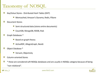 Taxonomy of NOSQL
 Key/Value Stores - Distributed Hash Tables (DHT)
 Memcached, Amazon’s Dynamo, Redis, PStore
 Document Stores
 Semi structured data (stores entire documents)
 CouchDB, MongoDB, RDDB, Riak
 Graph Databases *
 Based on graph theory
 ActiveRDF, AllegroGraph, Neo4J
 Object Database *
 Versant, Objectivity
 Column-oriented Stores
 * these are considered soft NOSQL databases and are usually in NOSQL category because of being
"non-relational".
 