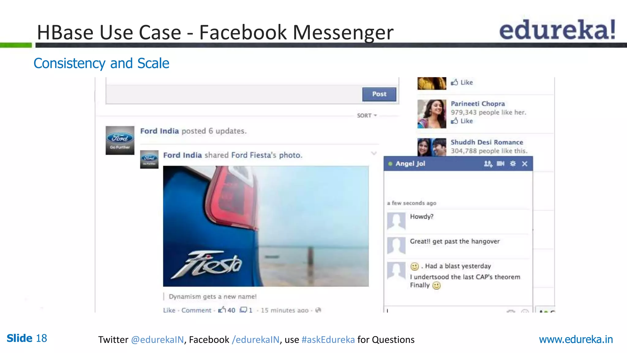 Slide 18 Twitter @edurekaIN, Facebook /edurekaIN, use #askEdureka for Questions www.edureka.inwww.edureka.in
Consistency and Scale
HBase Use Case - Facebook Messenger
 