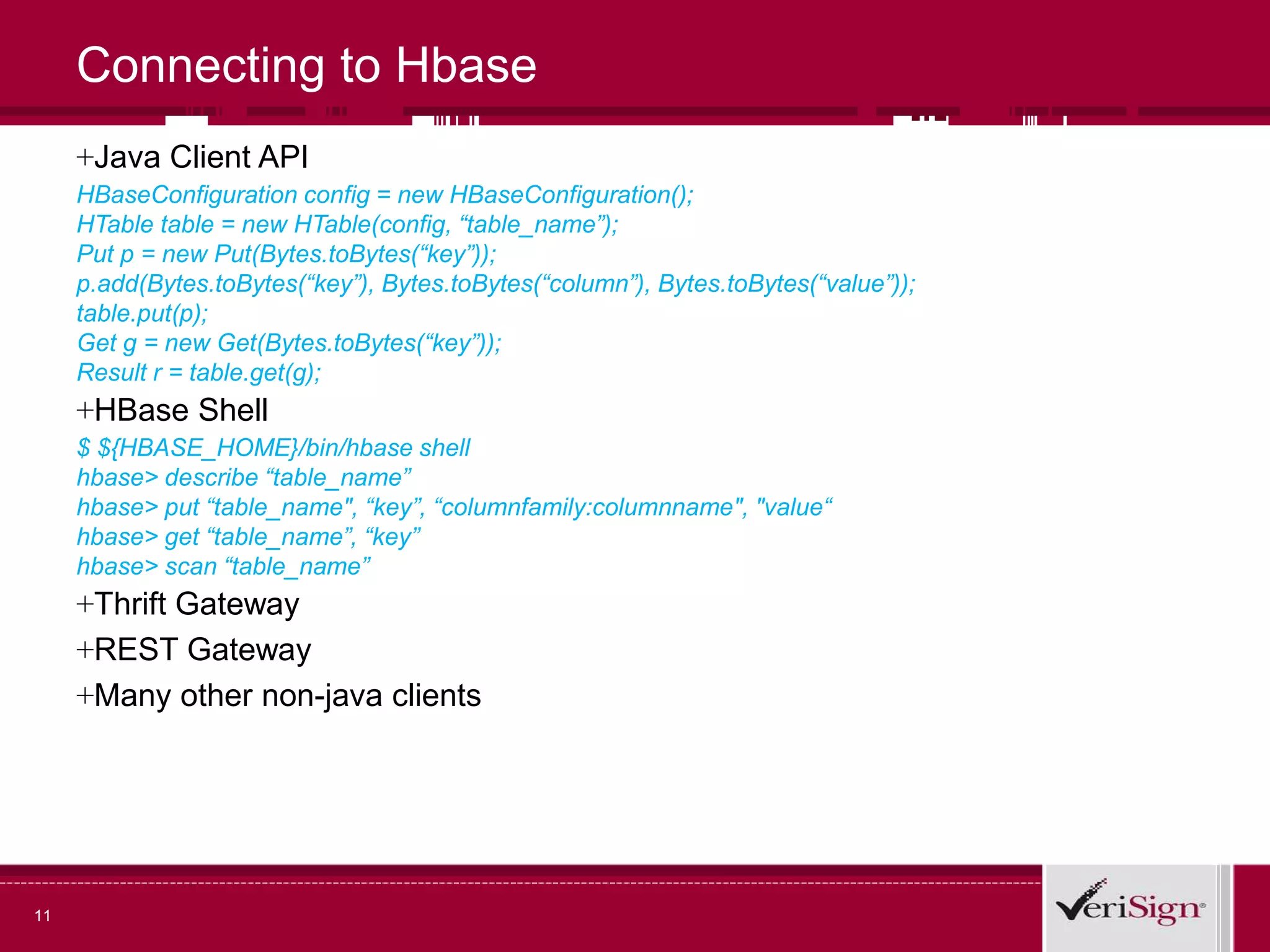 Connecting to Hbase
+Java Client API
HBaseConfiguration config = new HBaseConfiguration();
HTable table = new HTable(config, “table_name”);
Put p = new Put(Bytes.toBytes(“key”));
p.add(Bytes.toBytes(“key”), Bytes.toBytes(“column”), Bytes.toBytes(“value”));
table.put(p);
Get g = new Get(Bytes.toBytes(“key”));
Result r = table.get(g);
+HBase Shell
$ ${HBASE_HOME}/bin/hbase shell
hbase> describe “table_name”
hbase> put “table_name", “key”, “columnfamily:columnname", "value“
hbase> get “table_name”, “key”
hbase> scan “table_name”
+Thrift Gateway
+REST Gateway
+Many other non-java clients
11
 