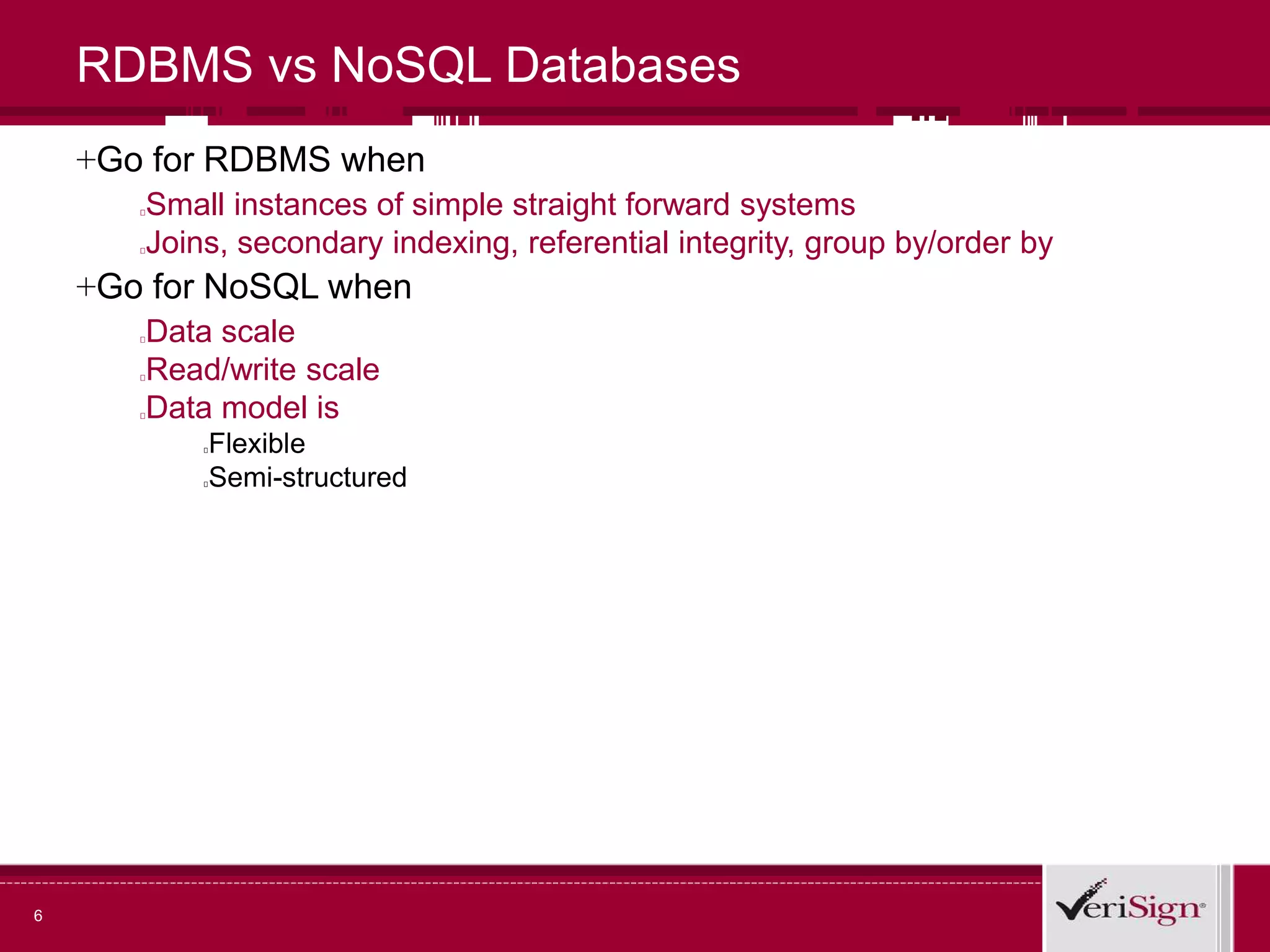 RDBMS vs NoSQL Databases
+Go for RDBMS when
Small instances of simple straight forward systems
Joins, secondary indexing, referential integrity, group by/order by
+Go for NoSQL when
Data scale
Read/write scale
Data model is
Flexible
Semi-structured
6
 