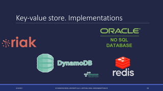Key-value store. Implementations
4/14/2017 BY MARKIYAN RIZUN, UNIVERSITÉ LILLE 1, SOFTEAM, EMAIL: MRIZUN@SOFTEAM.FR 10
 