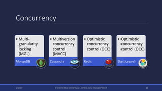 Concurrency
4/14/2017 BY MARKIYAN RIZUN, UNIVERSITÉ LILLE 1, SOFTEAM, EMAIL: MRIZUN@SOFTEAM.FR 29
• Multi-
granularity
locking
(MGL)
MongoDB
• Multiversion
concurrency
control
(MVCC)
Cassandra
• Optimistic
concurrency
control (OCC)
Redis
• Optimistic
concurrency
control (OCC)
Elasticsearch
 