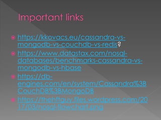  https://kkovacs.eu/cassandra-vs-
mongodb-vs-couchdb-vs-redis?
 https://www.datastax.com/nosql-
databases/benchmarks-cassandra-vs-
mongodb-vs-hbase
 https://db-
engines.com/en/system/Cassandra%3B
CouchDB%3BMongoDB
 https://thehftguy.files.wordpress.com/20
17/03/nosql-flowchart.png
 