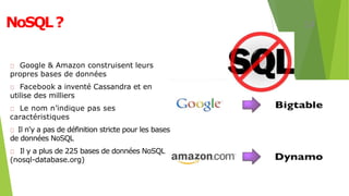 NoSQL?
Google & Amazon construisent leurs
propres bases de données
Facebook a inventé Cassandra et en
utilise des milliers
Le nom n’indique pas ses
caractéristiques
Il n'y a pas de définition stricte pour les bases
de données NoSQL
Il y a plus de 225 bases de données NoSQL
(nosql-database.org)
14
 