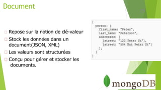Document
Repose sur la notion de clé-valeur
Stock les données dans un
document(JSON, XML)
Les valeurs sont structurées
Conçu pour gérer et stocker les
documents.
25
 