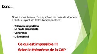 Donc…
Nous avons besoin d'un système de base de données
distribué ayant de telles fonctionnalités:
–Tolérancedepartition
–Lahautedisponibilité
–Cohérence
–L'évolutivité
39
 
