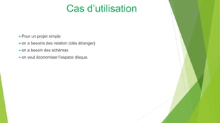 Pour un projet simple
on a besoins des relation (clés étranger)
on a besoin des schémas
on veut économiser l’espace disque.
Cas d’utilisation 4
 