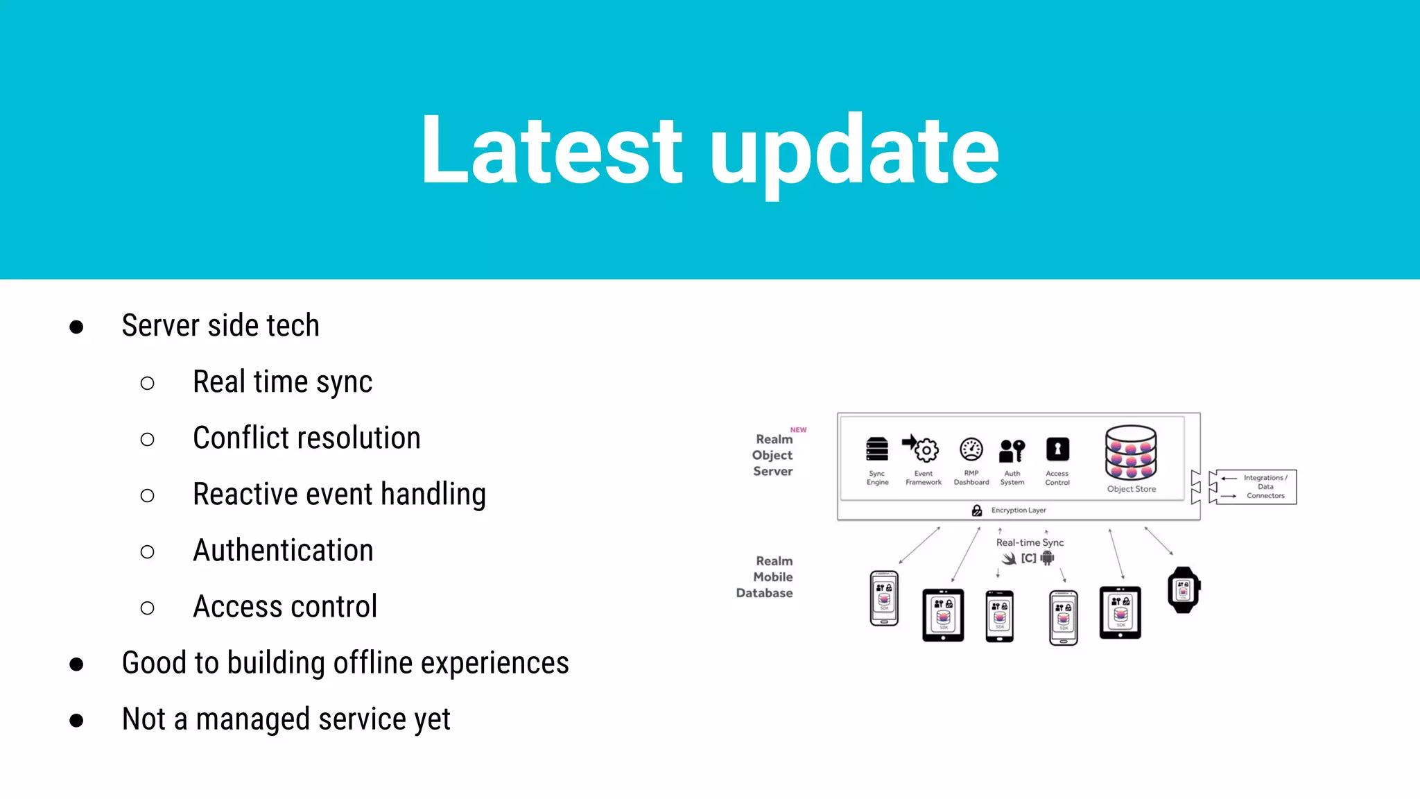 Latest update
● Server side tech
○ Real time sync
○ Conflict resolution
○ Reactive event handling
○ Authentication
○ Access control
● Good to building offline experiences
● Not a managed service yet
 